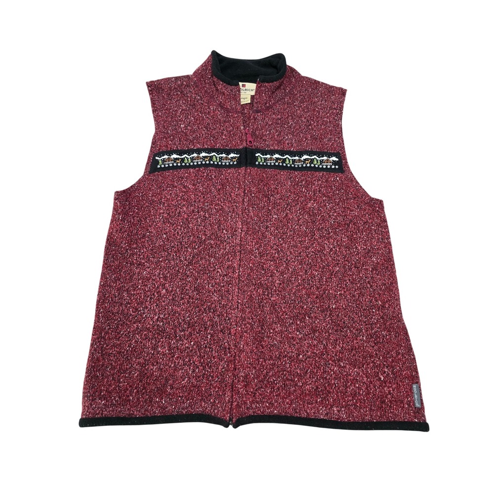 Woolrich Womens Ruby Red Marled Knit Full Zip Winter Landscape Vest Small 13634